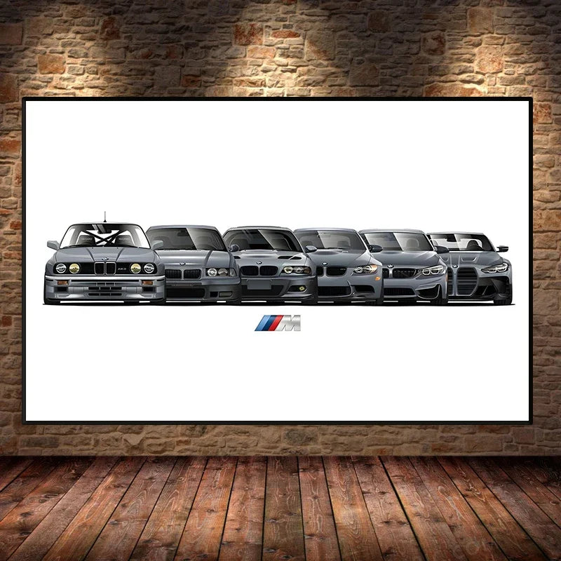 Toile murale de haute qualité représentant des BMW série 3 e30, e36, e46, e90 différents modèles